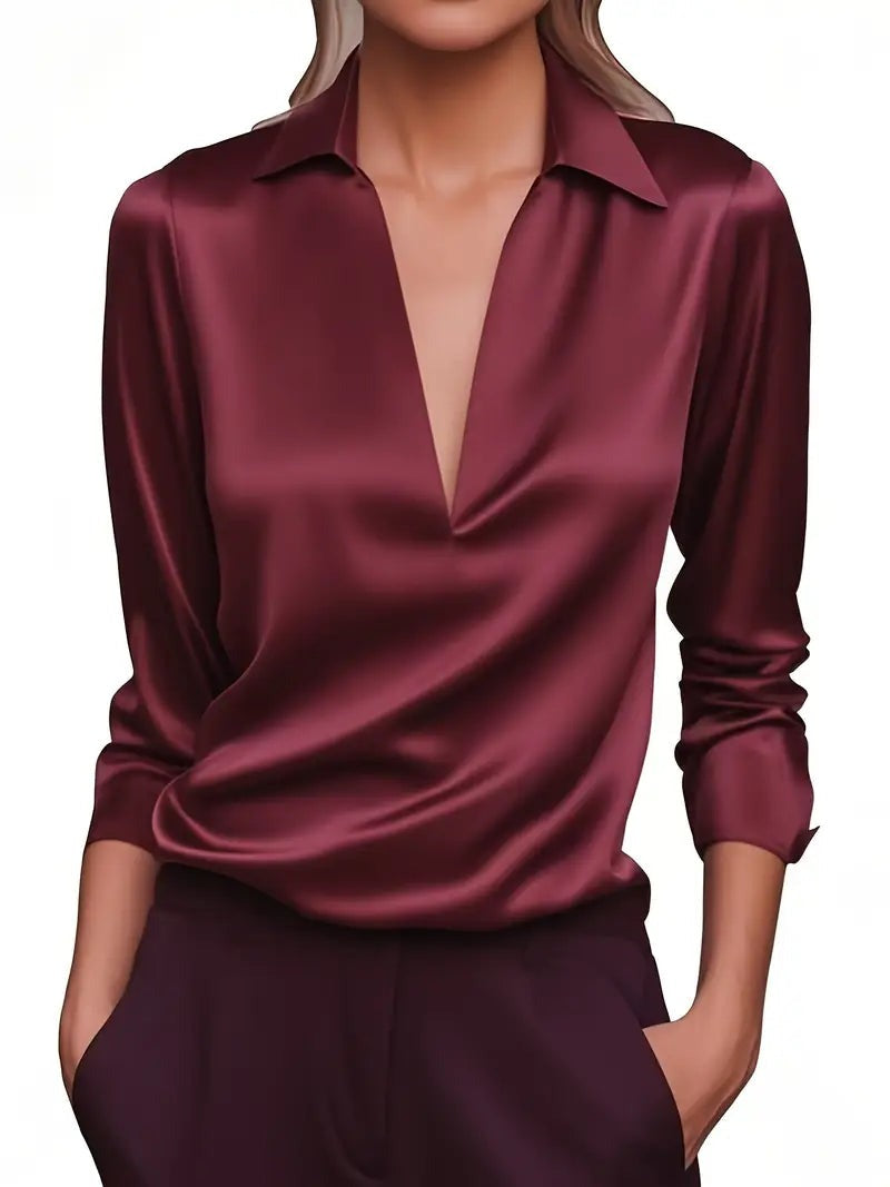 Women's V Neck Blouse with Satin Finish and Flowing Drape - photo 12
