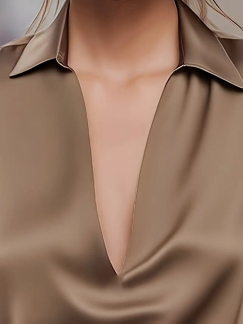 Women's V Neck Blouse with Satin Finish and Flowing Drape