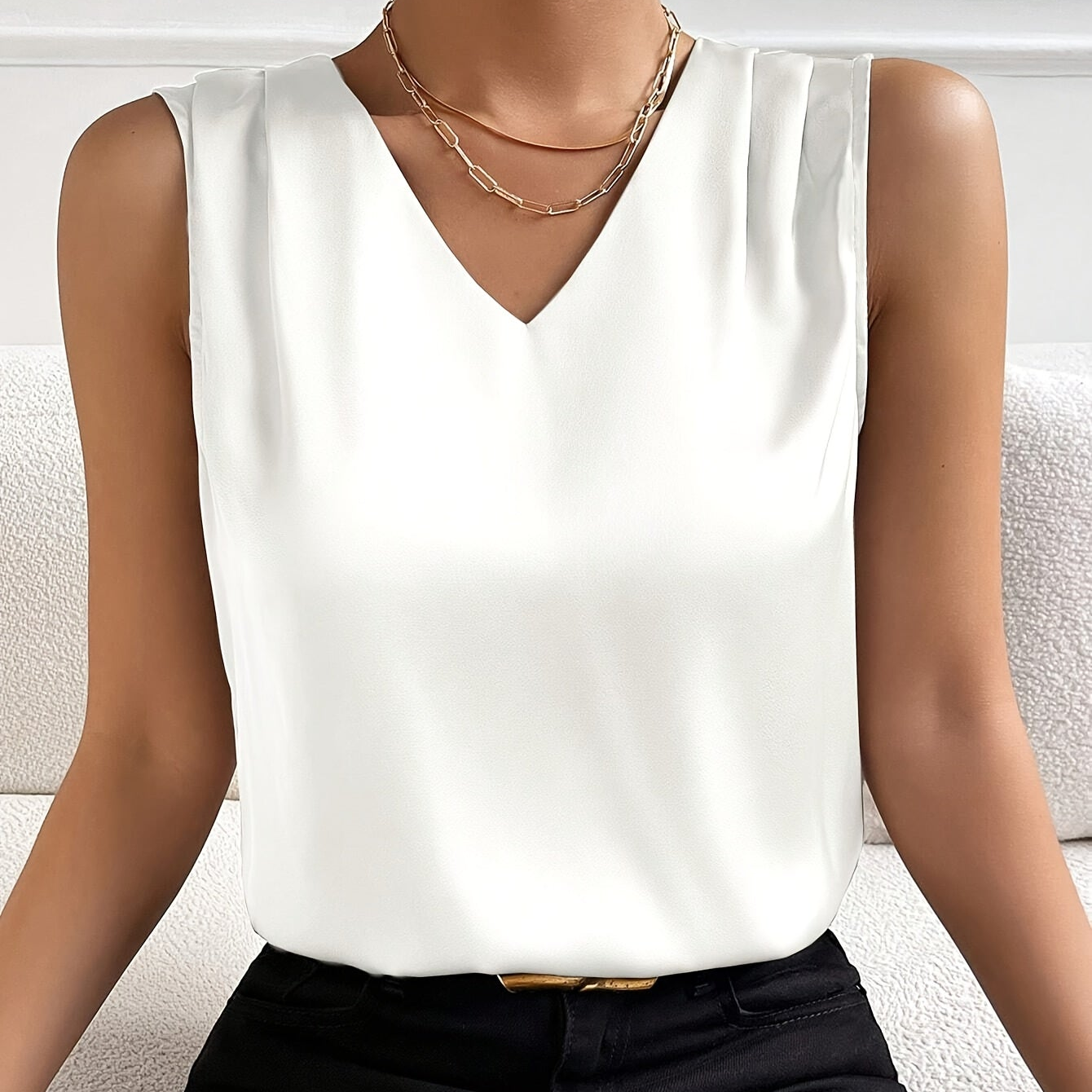 Women's Sleeveless Satin Blouse with V-Neck - photo 4