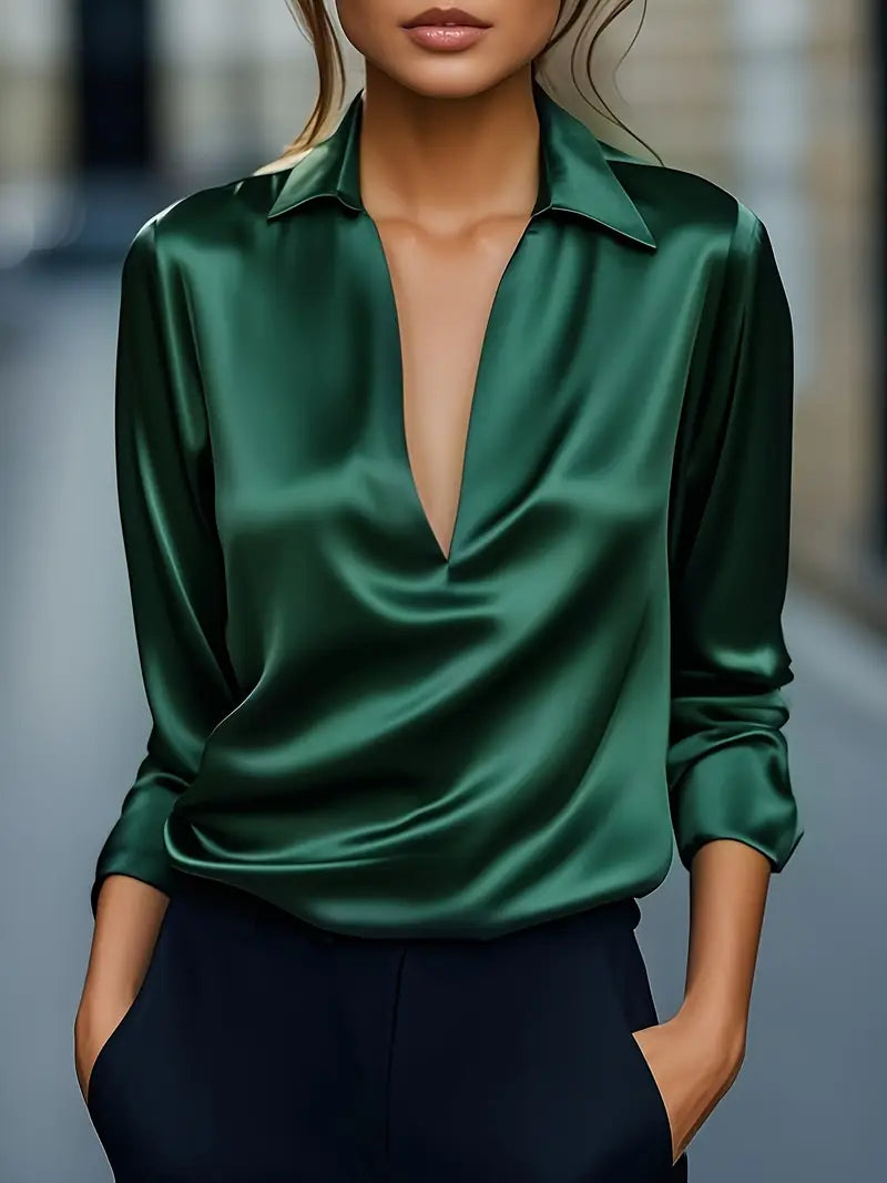 Women's V Neck Blouse with Satin Finish and Flowing Drape