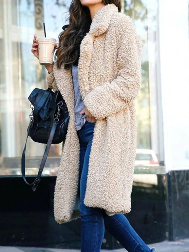 Palton teddy din fleece moale de damă în stil lung
