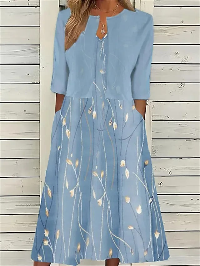 Mia - Women's Floral Cotton Blend Midi Dress with Pockets