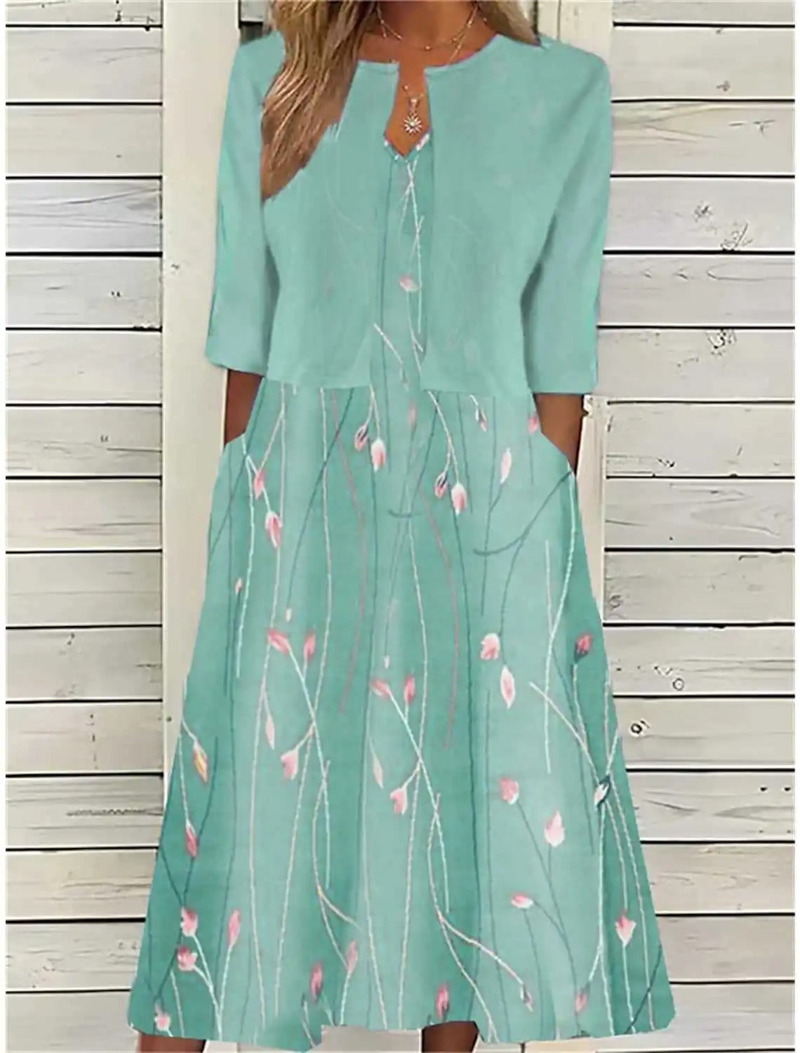 Mia - Women's Floral Cotton Blend Midi Dress with Pockets