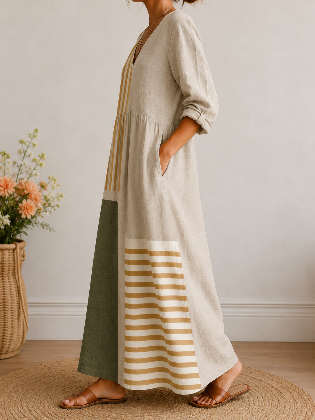 Nova - Vestito midi a righe in lino da donna con scollo a V