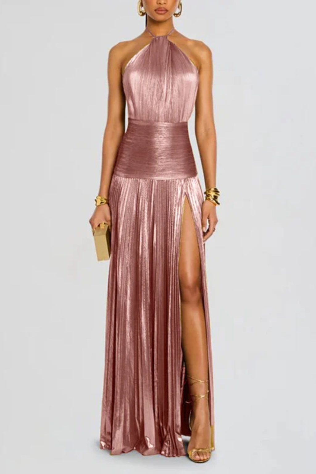 Maxi abito elegante da donna in raso con scollo all’americana, ideale per invitate a matrimoni