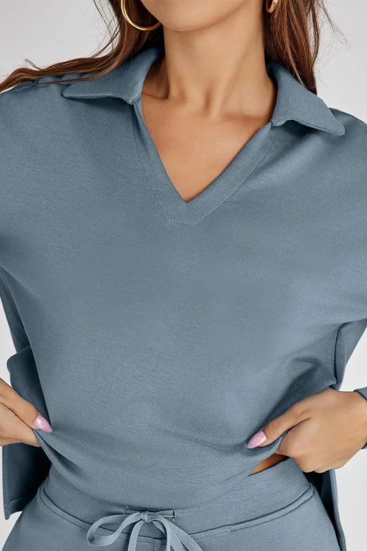 Women's Lounge Set with Collared V Neck Top and Wide Leg Pants