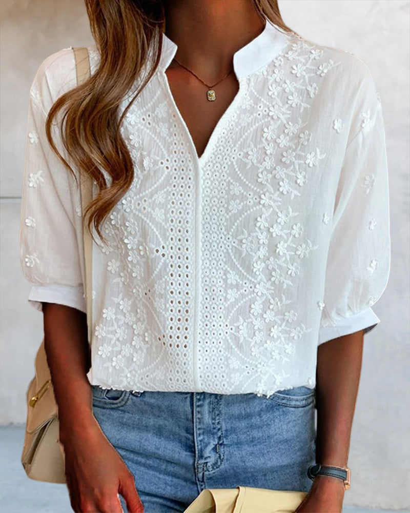 Women's White Blouse V-neck Puff Sleeves Embroidered Details