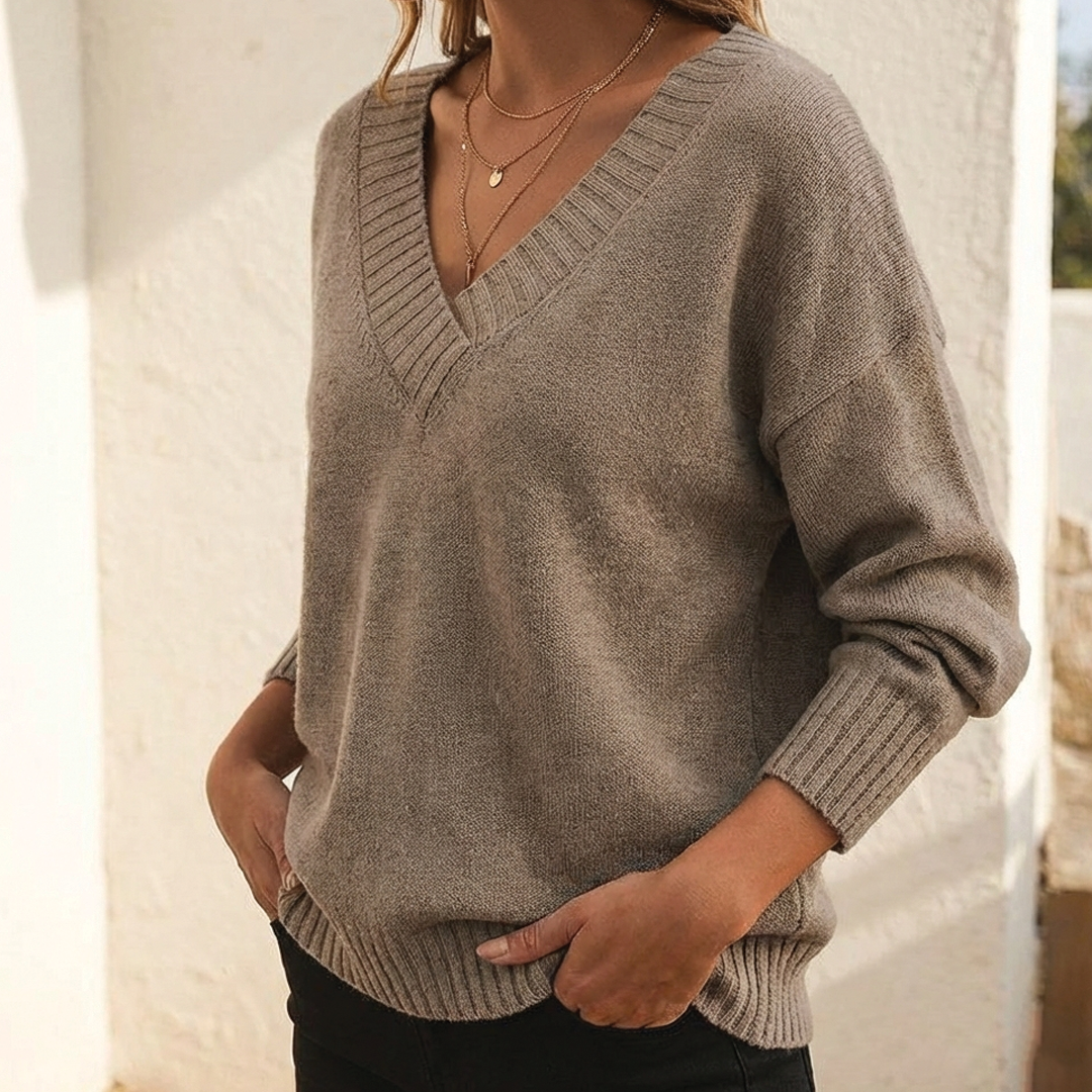 Women's V-Neck Sweater with Fluid Drape