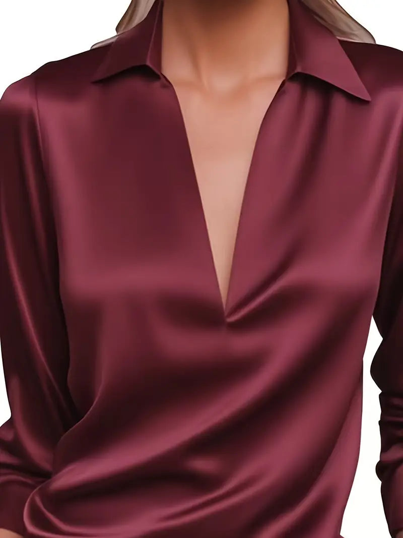 Women's V Neck Blouse with Satin Finish and Flowing Drape