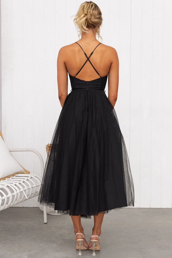 Women's Tulle Midi Dress with Spaghetti Straps