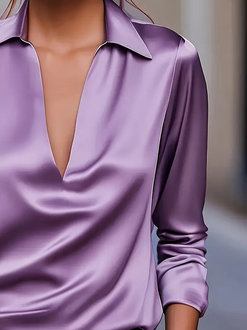 Women's V Neck Blouse with Satin Finish and Flowing Drape
