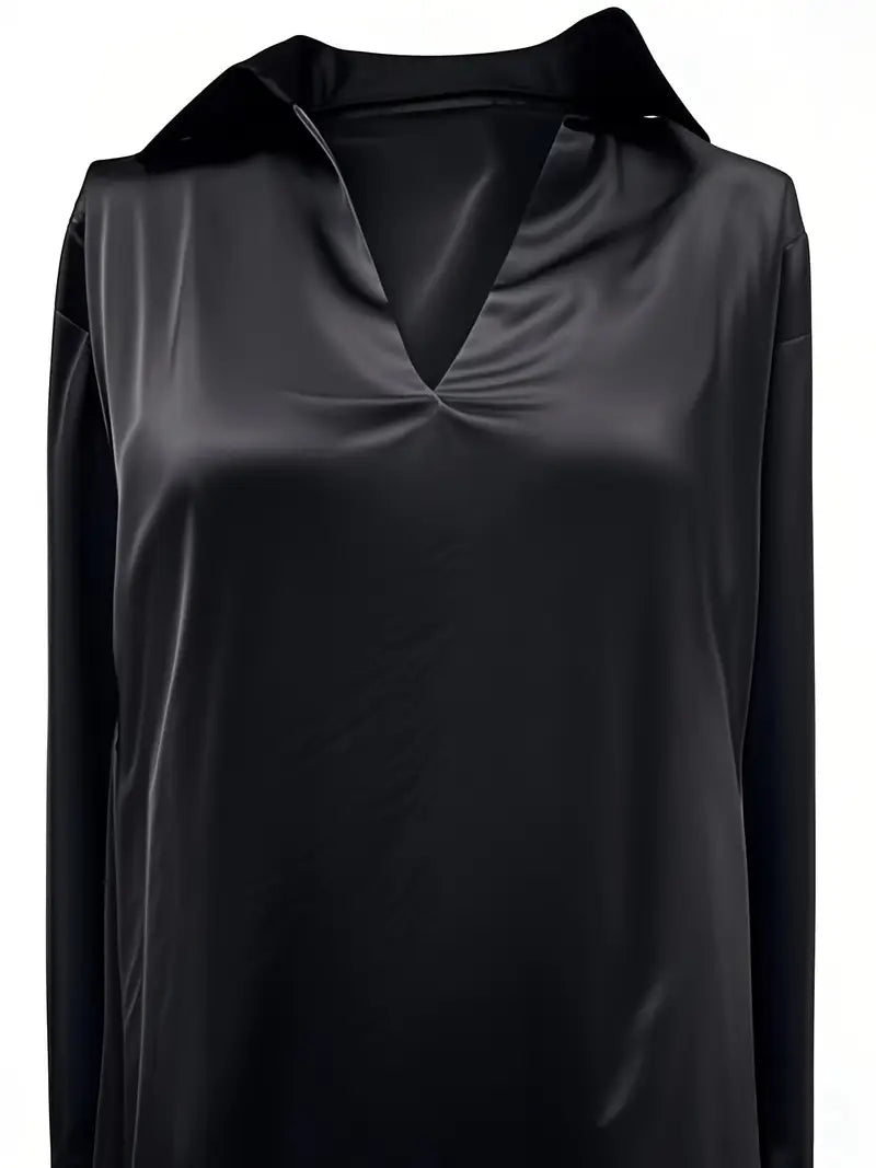 Women's V Neck Blouse with Satin Finish and Flowing Drape