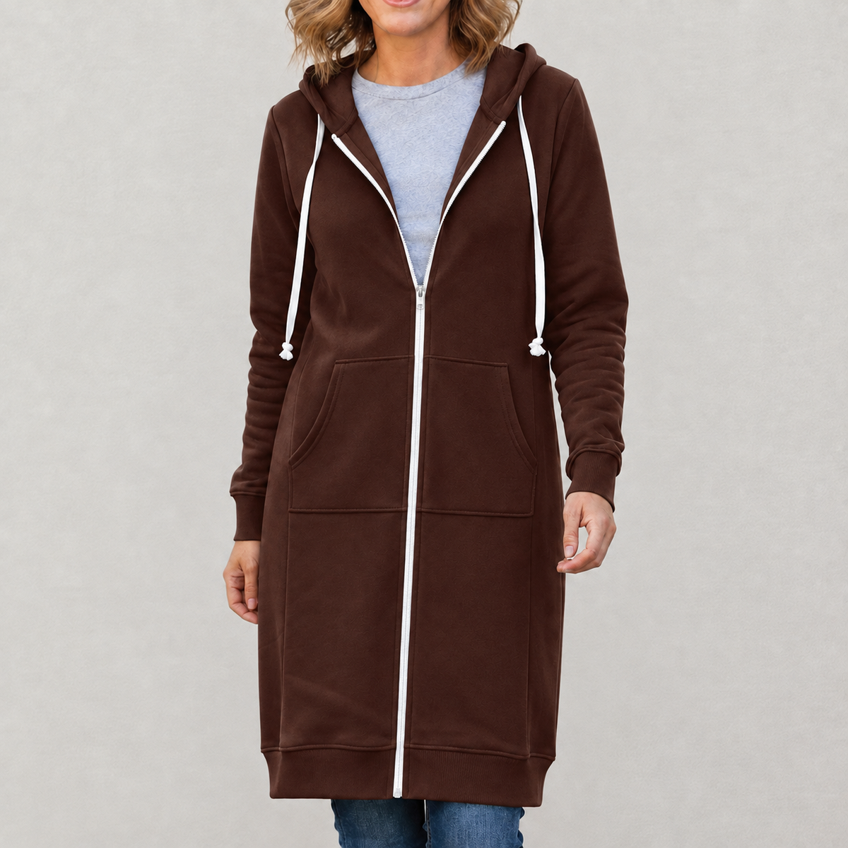 Veronica - Women's Long Hooded Jumper - Coffee