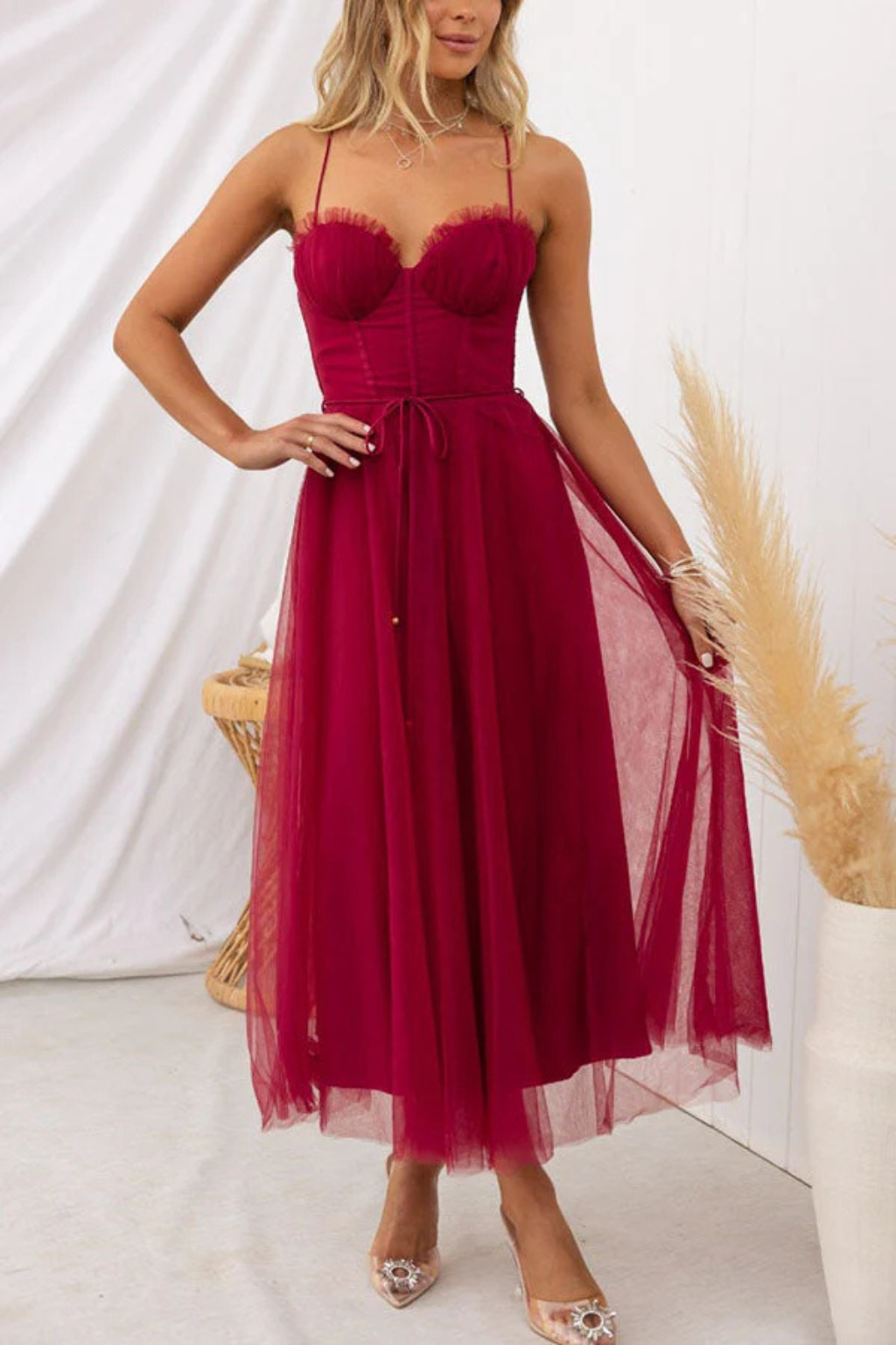 Robe Midi Femme Bustier en Tulle Élégant pour Soirées et Occasions Romantiques
