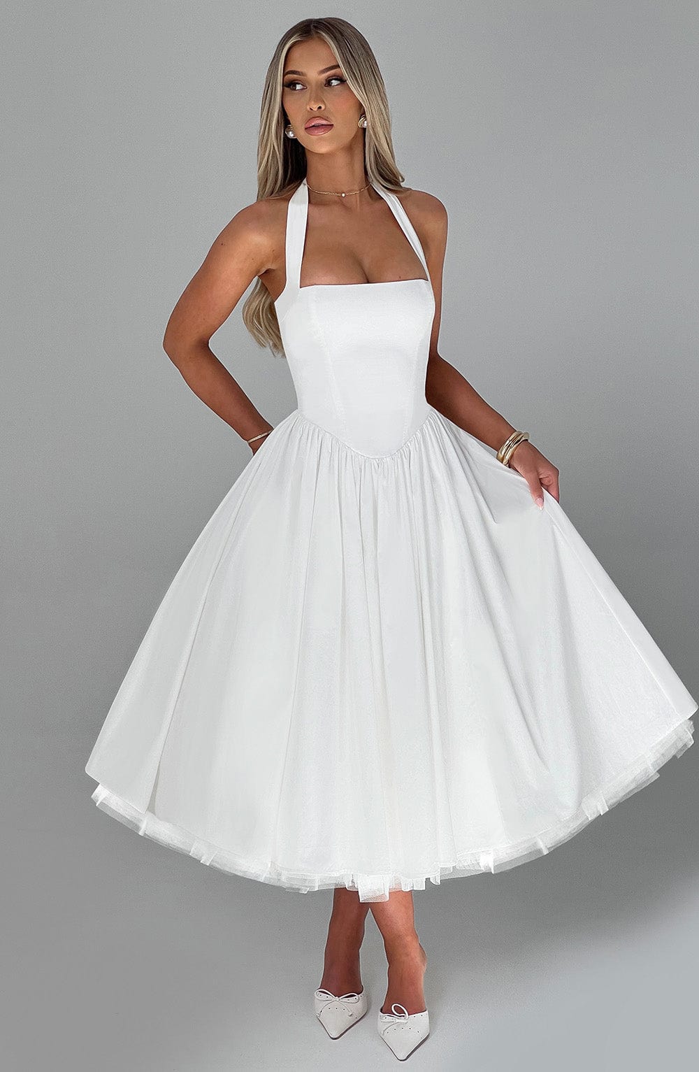 Rochie midi pentru femei cu guler halter, corset mulat și spate decupat