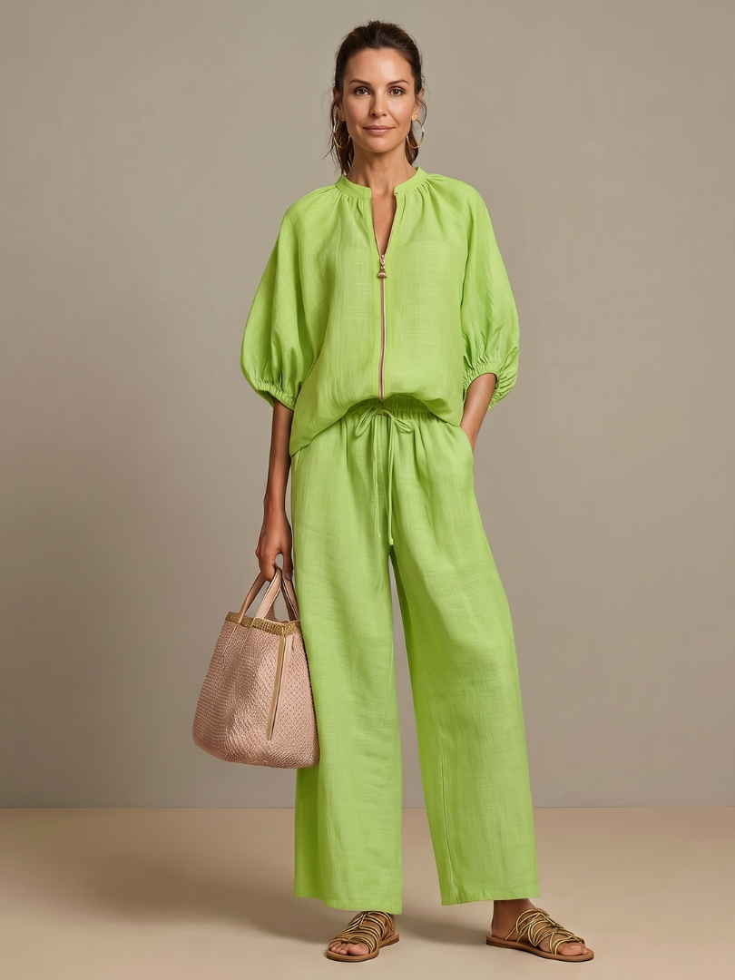 Women's Zip Front Blouson Top Wide Leg Set - photo 5