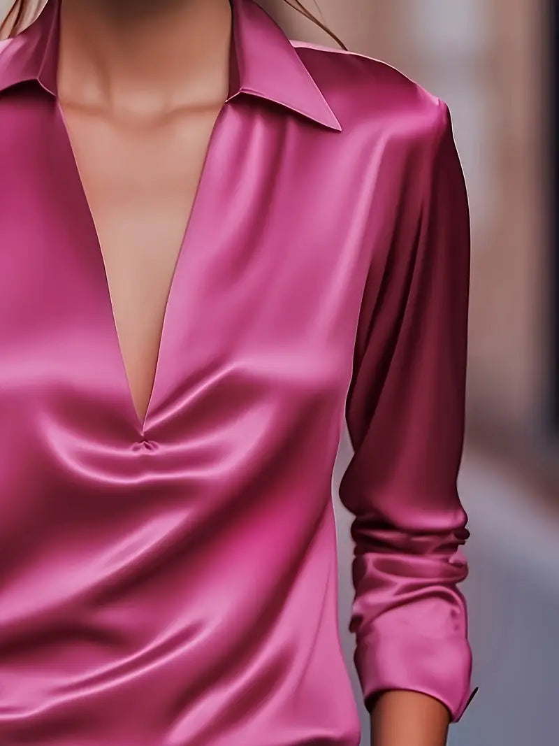 Women's V Neck Blouse with Satin Finish and Flowing Drape