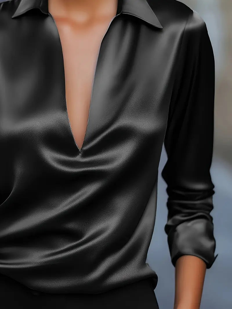 Women's V Neck Blouse with Satin Finish and Flowing Drape