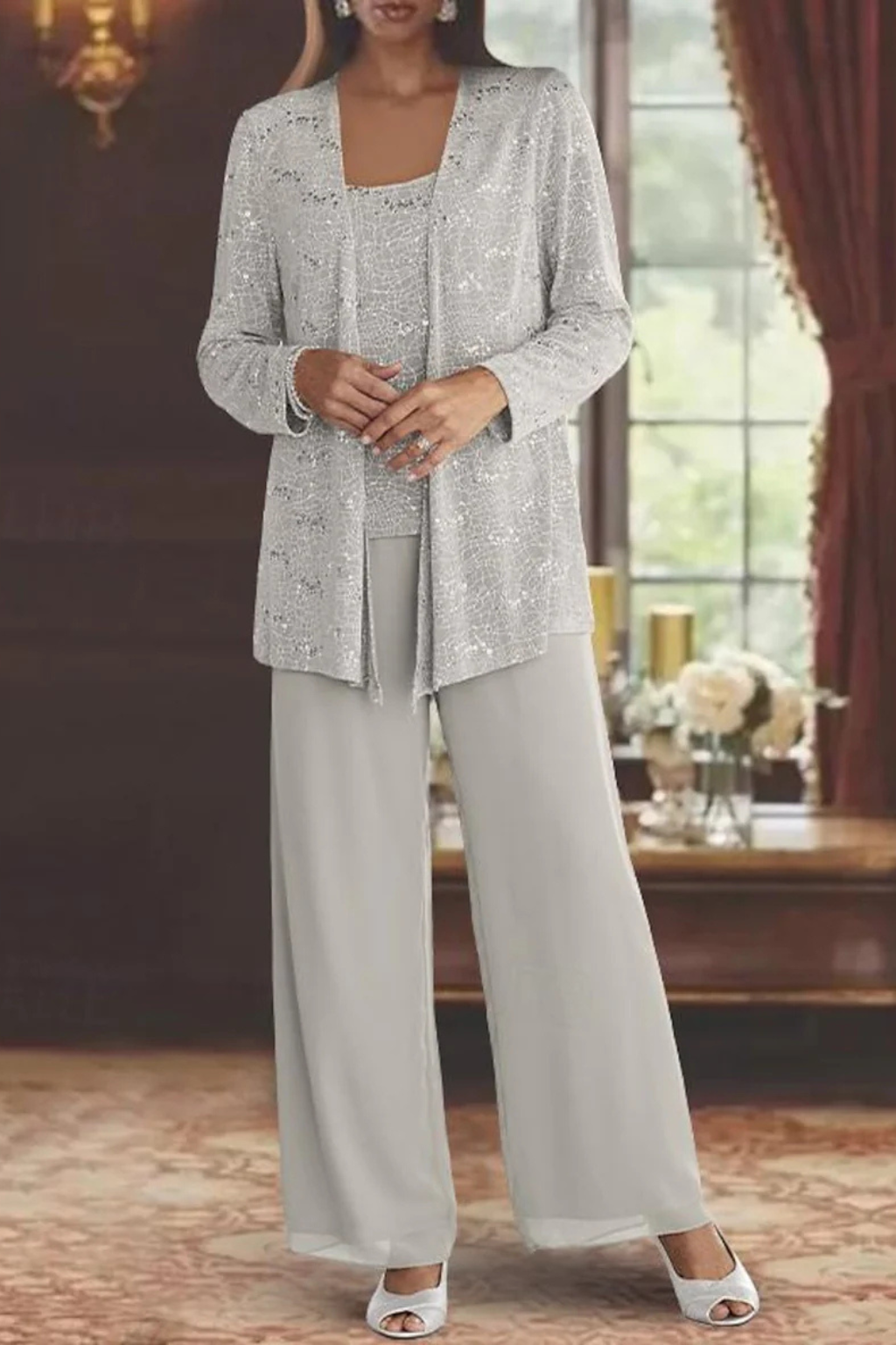 Women's Sequin Lace Three Piece Trouser Suit Wide Leg