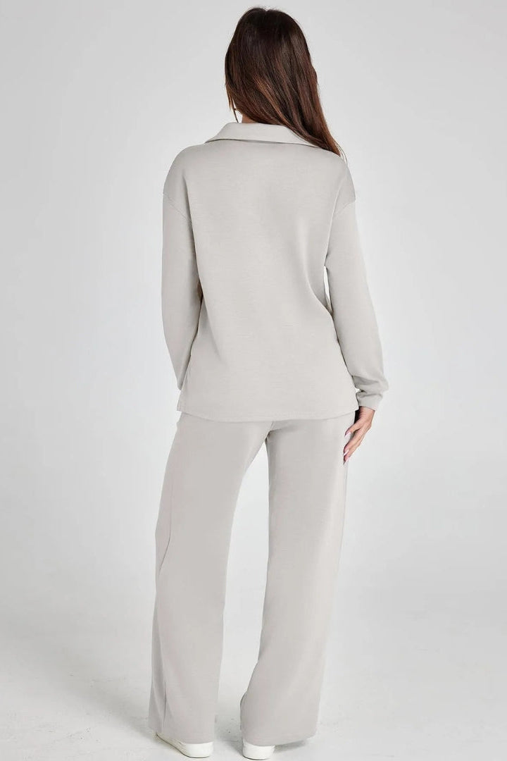 Women's Lounge Set with Collared V Neck Top and Wide Leg Pants