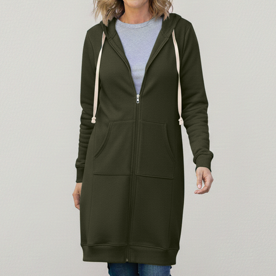 Veronica - Women's Long Hooded Jumper - Army Green