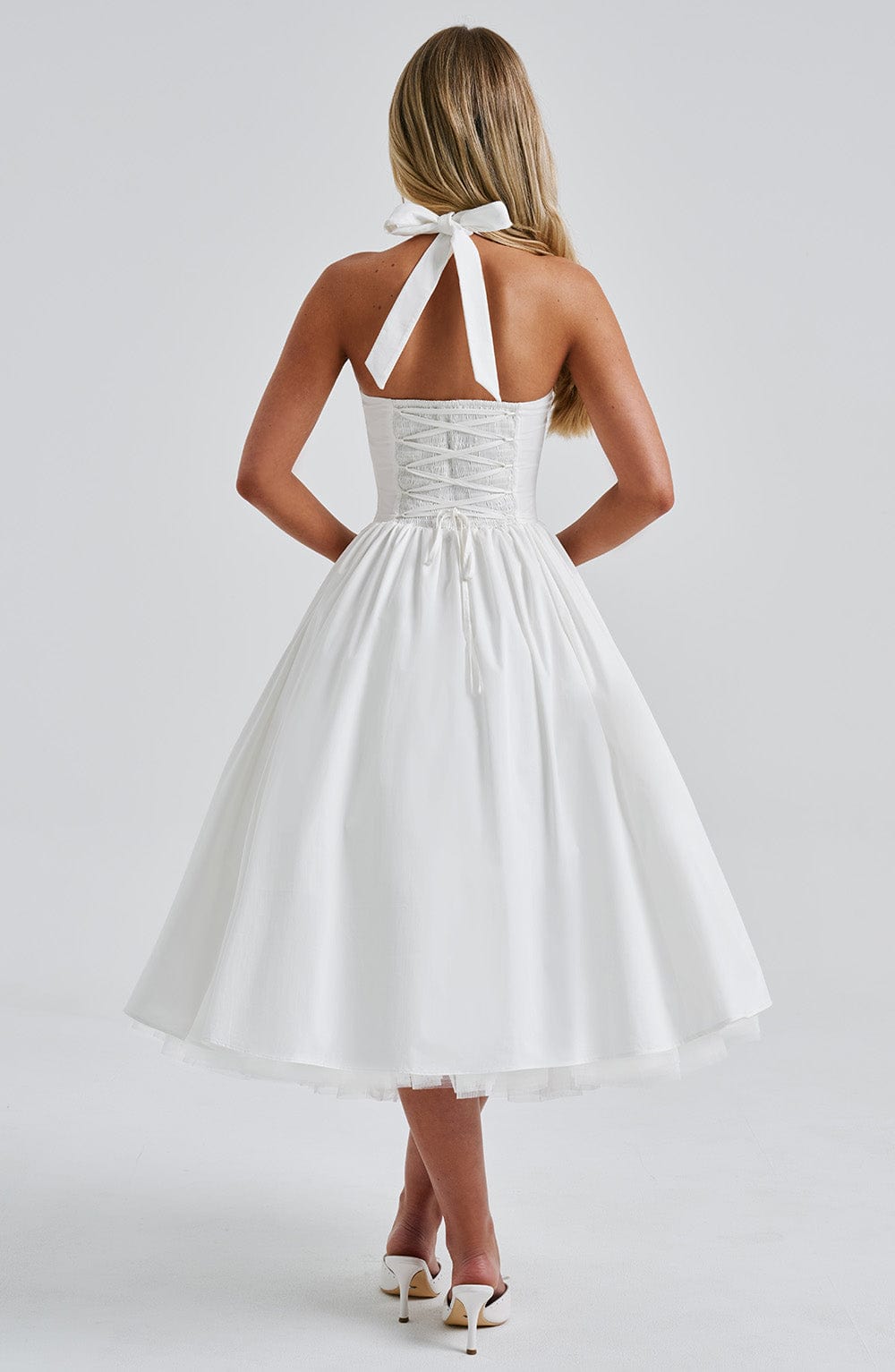 Rochie midi pentru femei cu guler halter, corset mulat și spate decupat