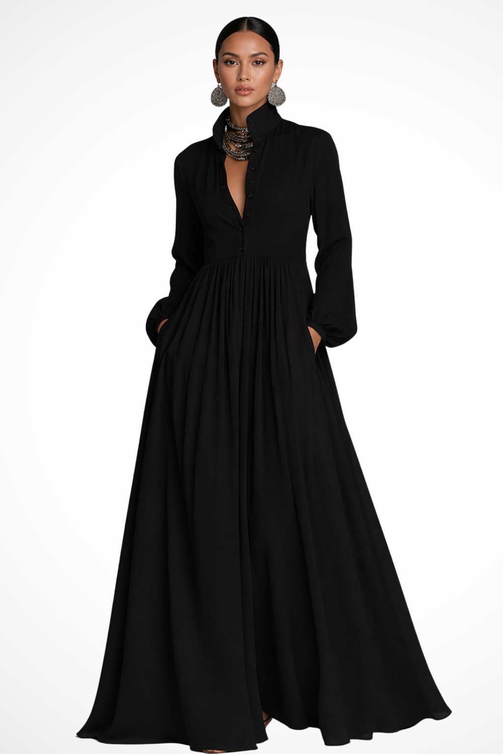 Women's Long Sleeve Maxi Dress with Button Front