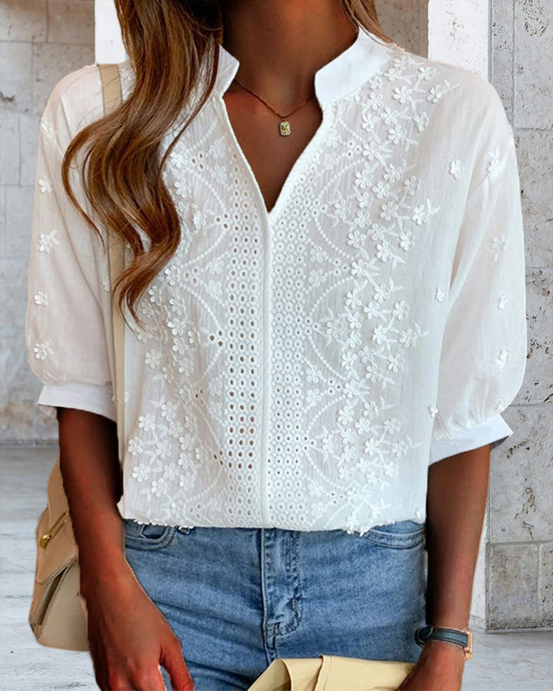 Women's White Blouse V-neck Puff Sleeves Embroidered Details
