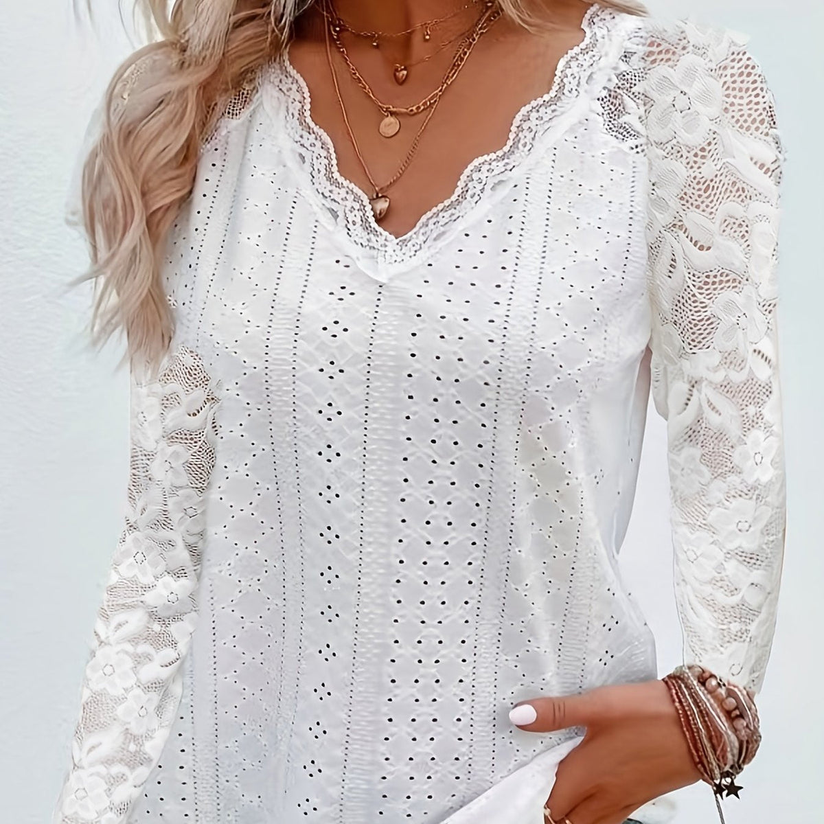 Ileana - Women's Top with Lace Sleeves and Tie Neck