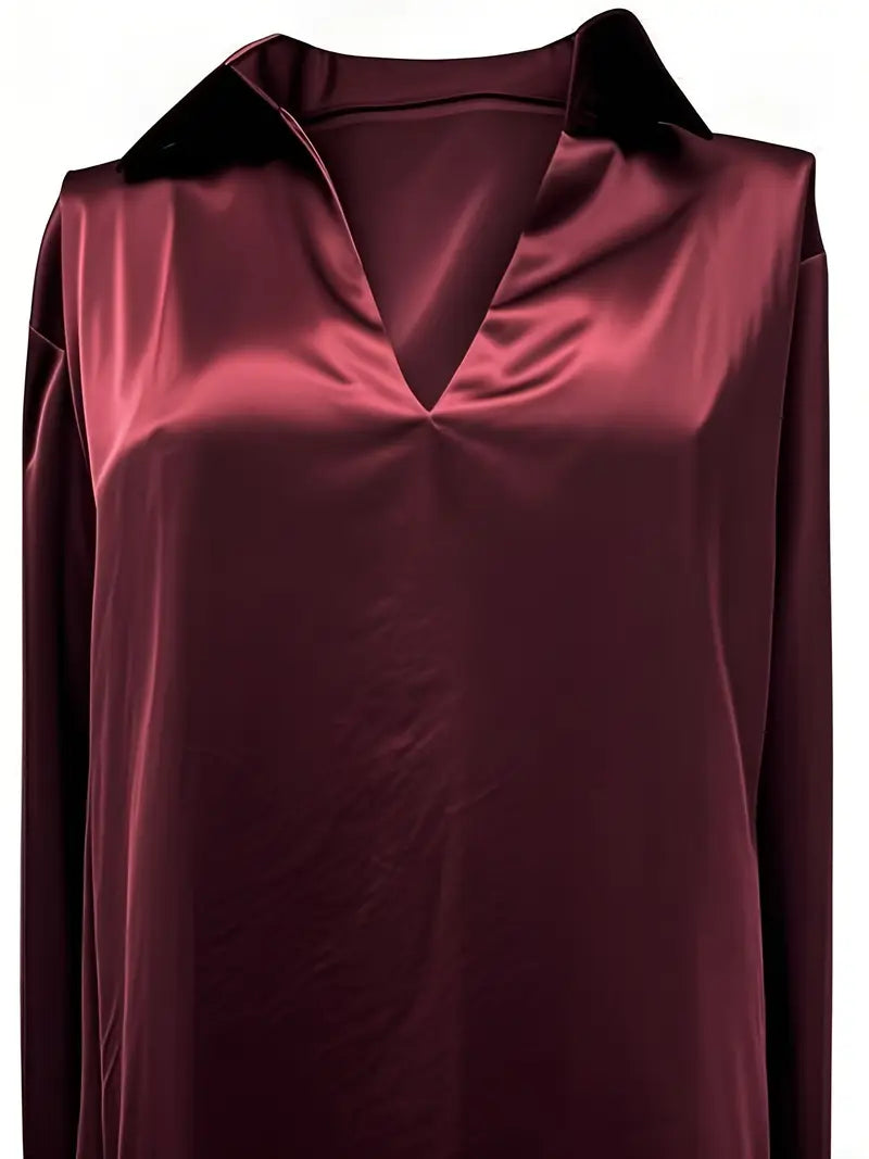 Women's V Neck Blouse with Satin Finish and Flowing Drape