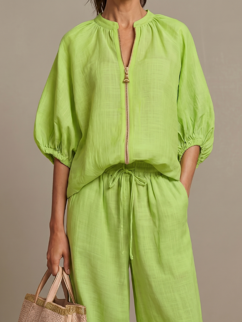 Women's Zip Front Blouson Top Wide Leg Set - photo 7
