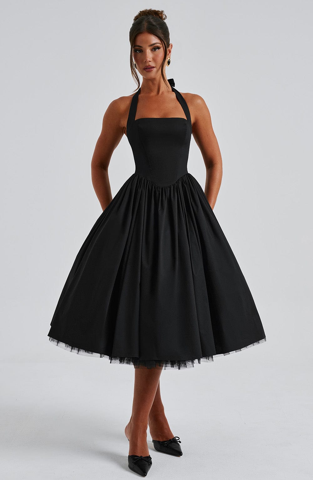 Rochie midi pentru femei cu guler halter, corset mulat și spate decupat