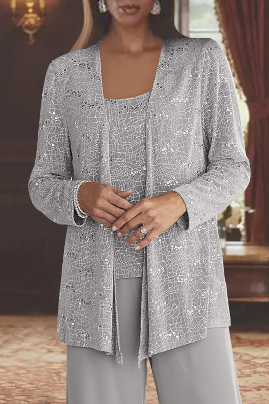Women's Sequin Lace Three Piece Trouser Suit Wide Leg
