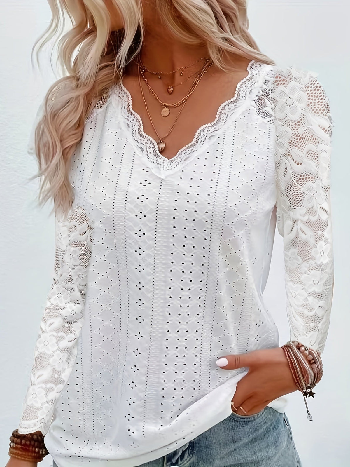 Ileana - Women's Top with Lace Sleeves and Tie Neck