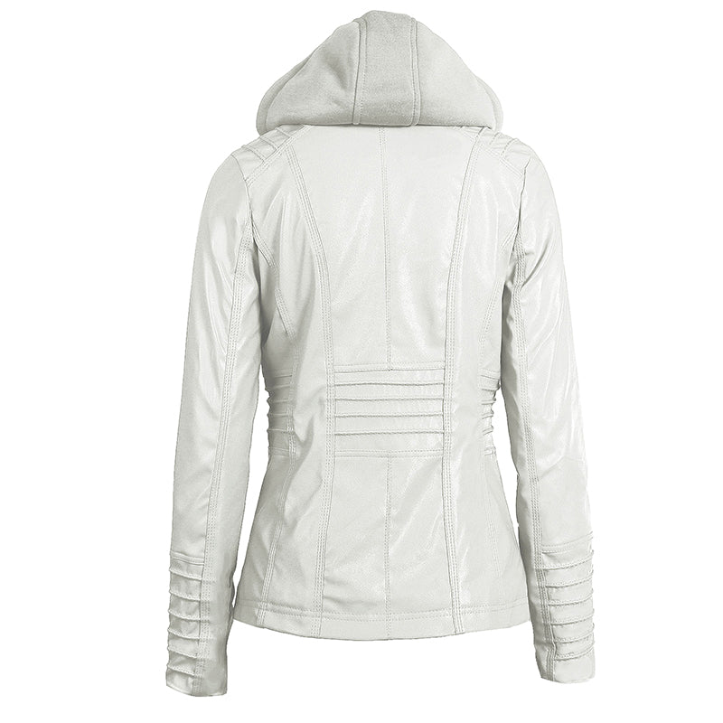 Giacca moto in pelle da donna con cappuccio