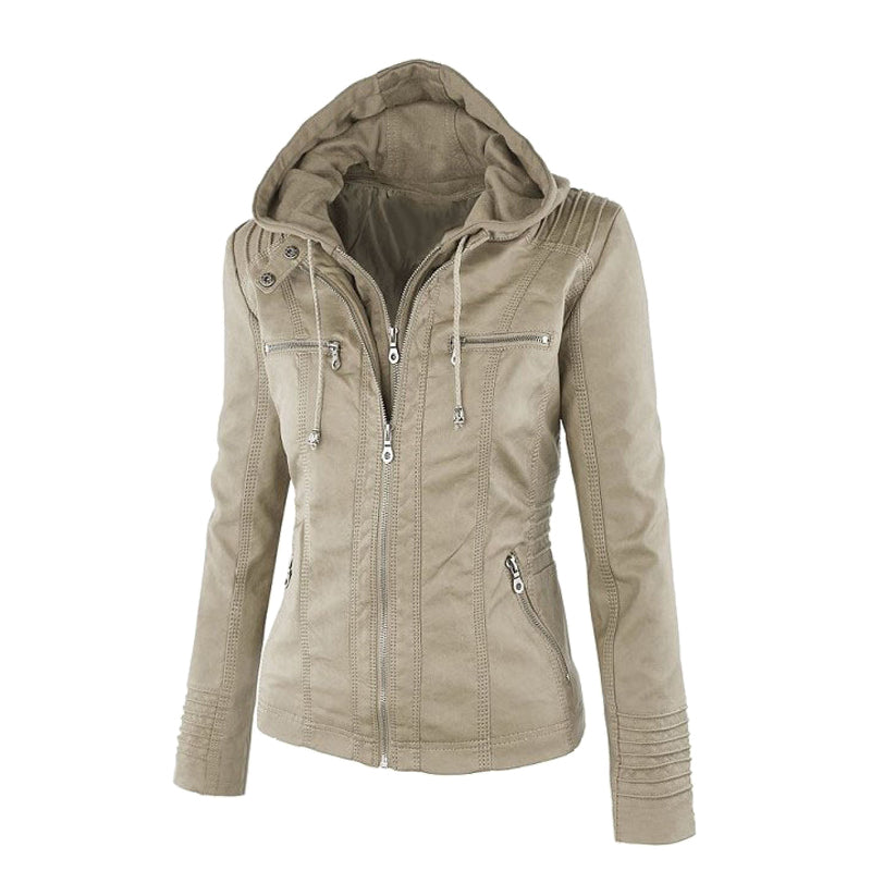 Giacca moto in pelle da donna con cappuccio