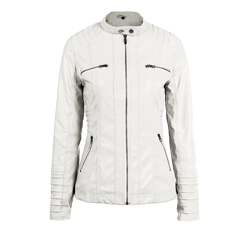 Giacca moto in pelle da donna con cappuccio