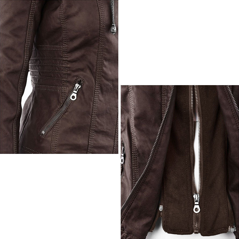 Giacca moto in pelle da donna con cappuccio