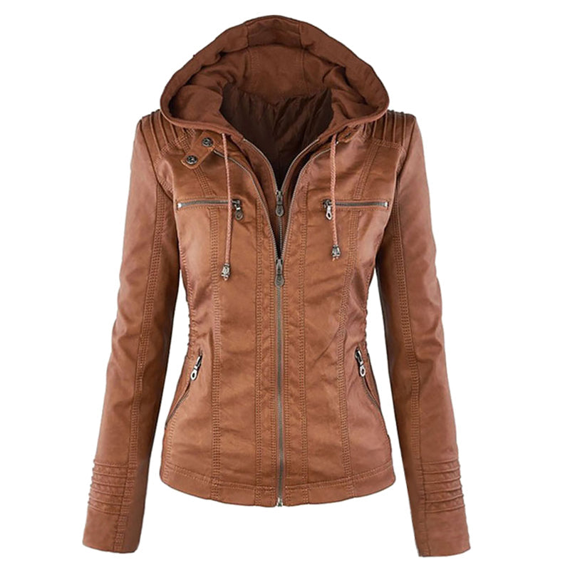 Giacca moto in pelle da donna con cappuccio