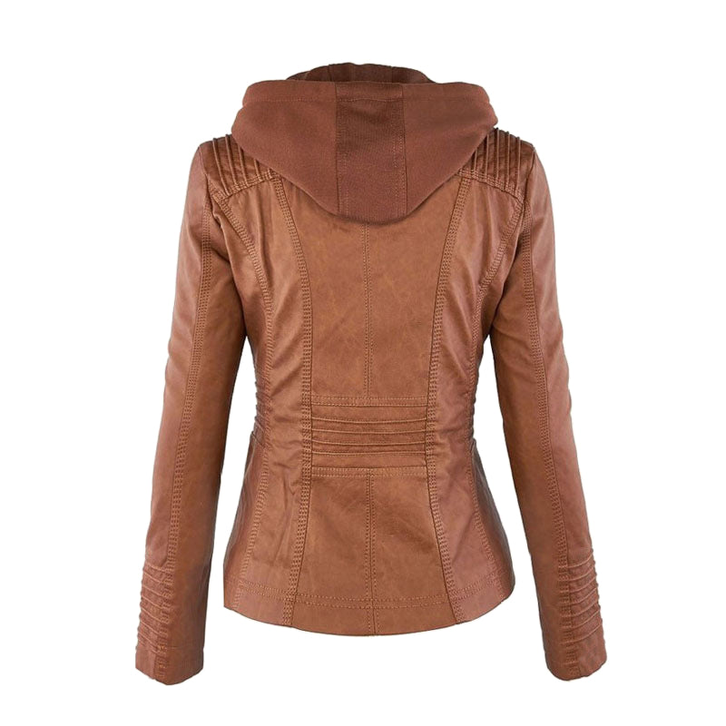 Giacca moto in pelle da donna con cappuccio