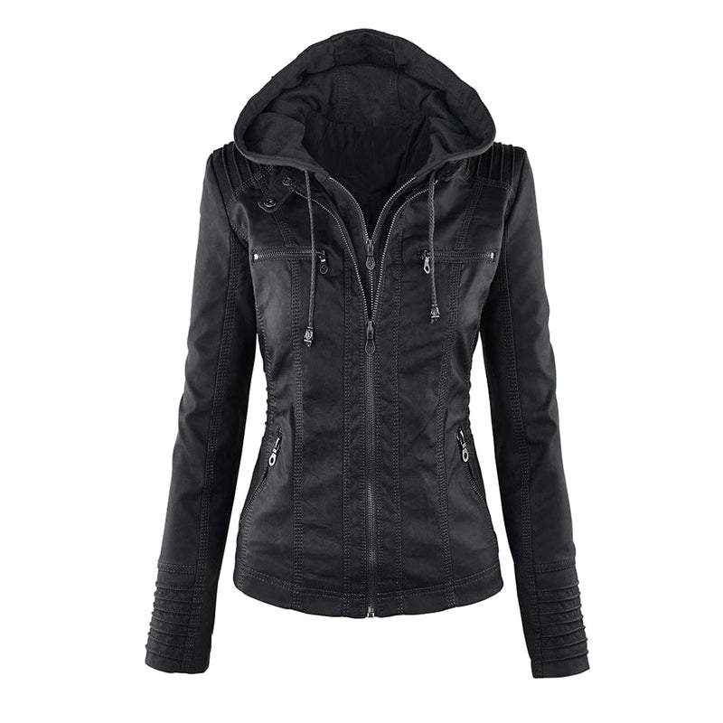 Giacca moto in pelle da donna con cappuccio