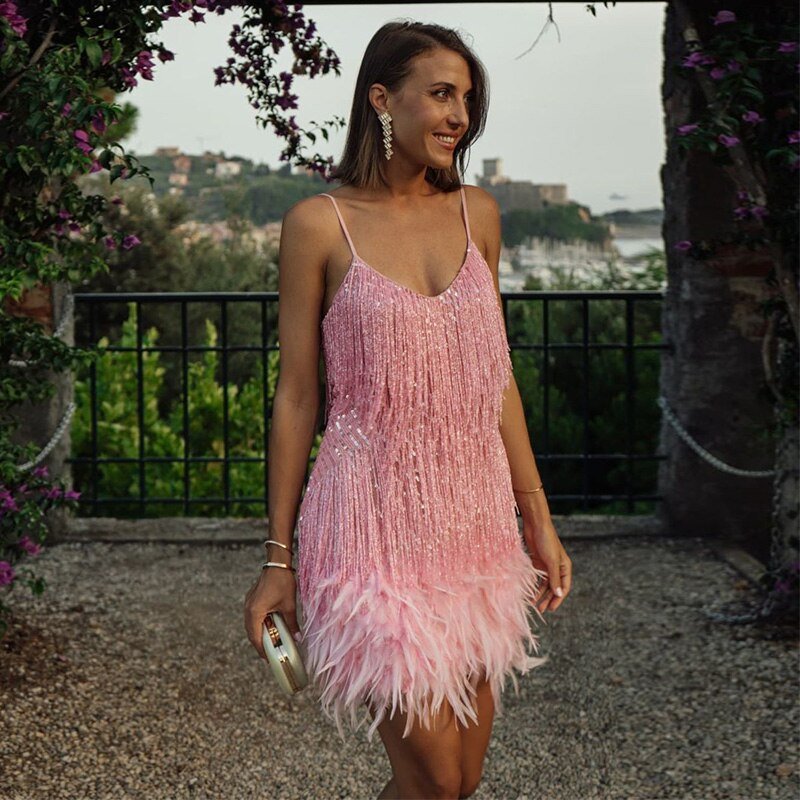 Elsie - Miniabito da donna in piume con spalline sottili