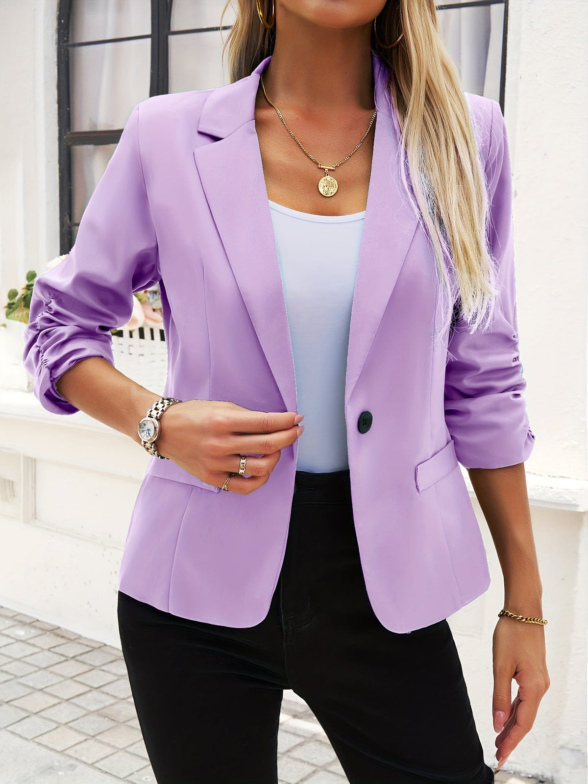 Women's Single-Breasted Blazer with Notch Lapels - Light Purple
