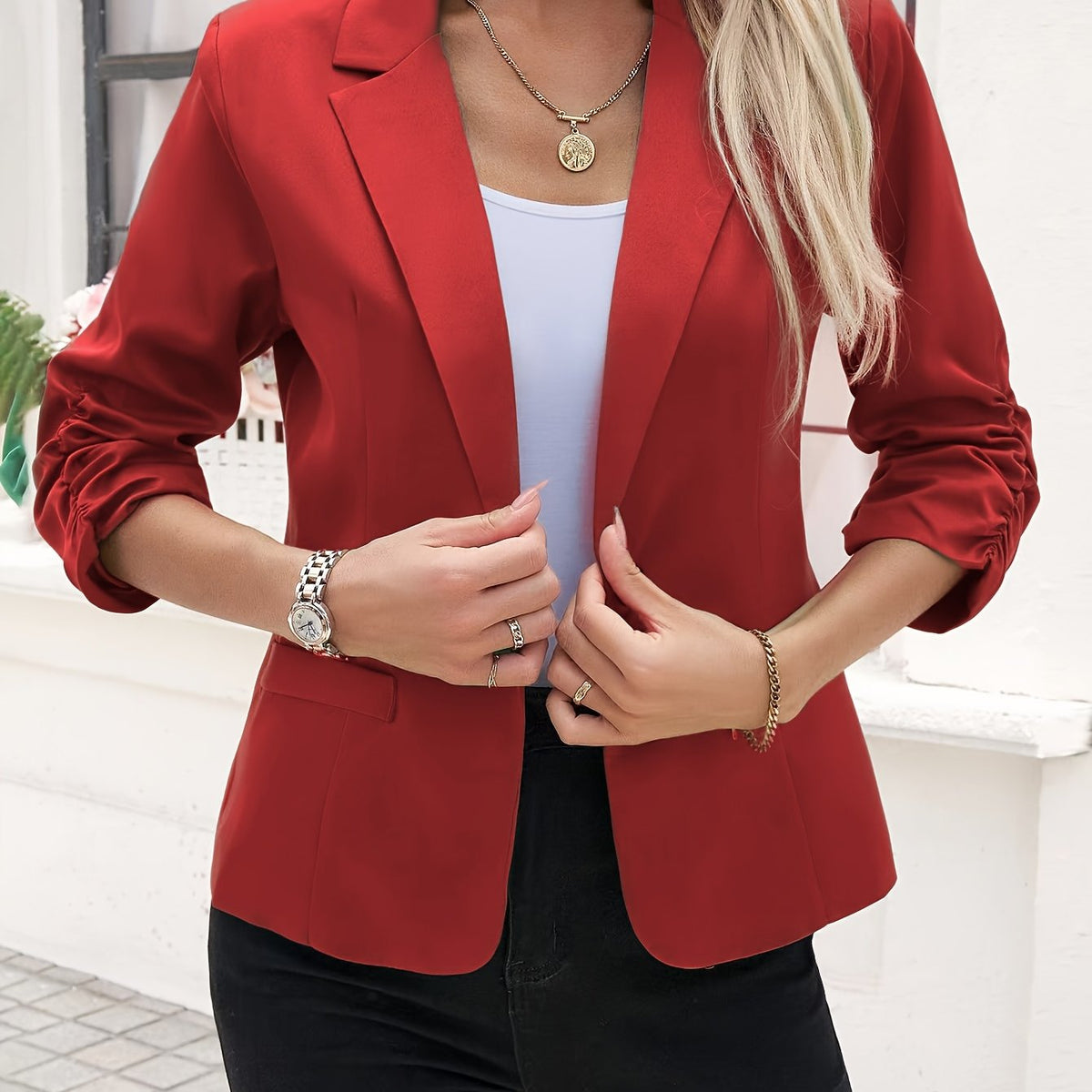 Women's Single-Breasted Blazer with Notch Lapels - Red