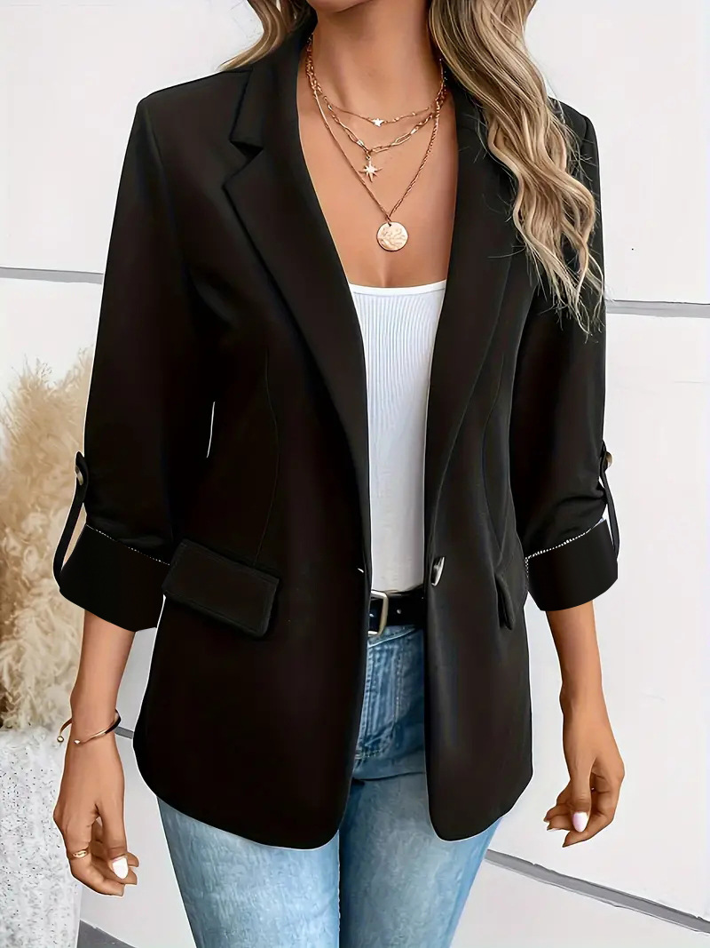 Women's Single-Breasted Blazer with Notch Lapels - Black