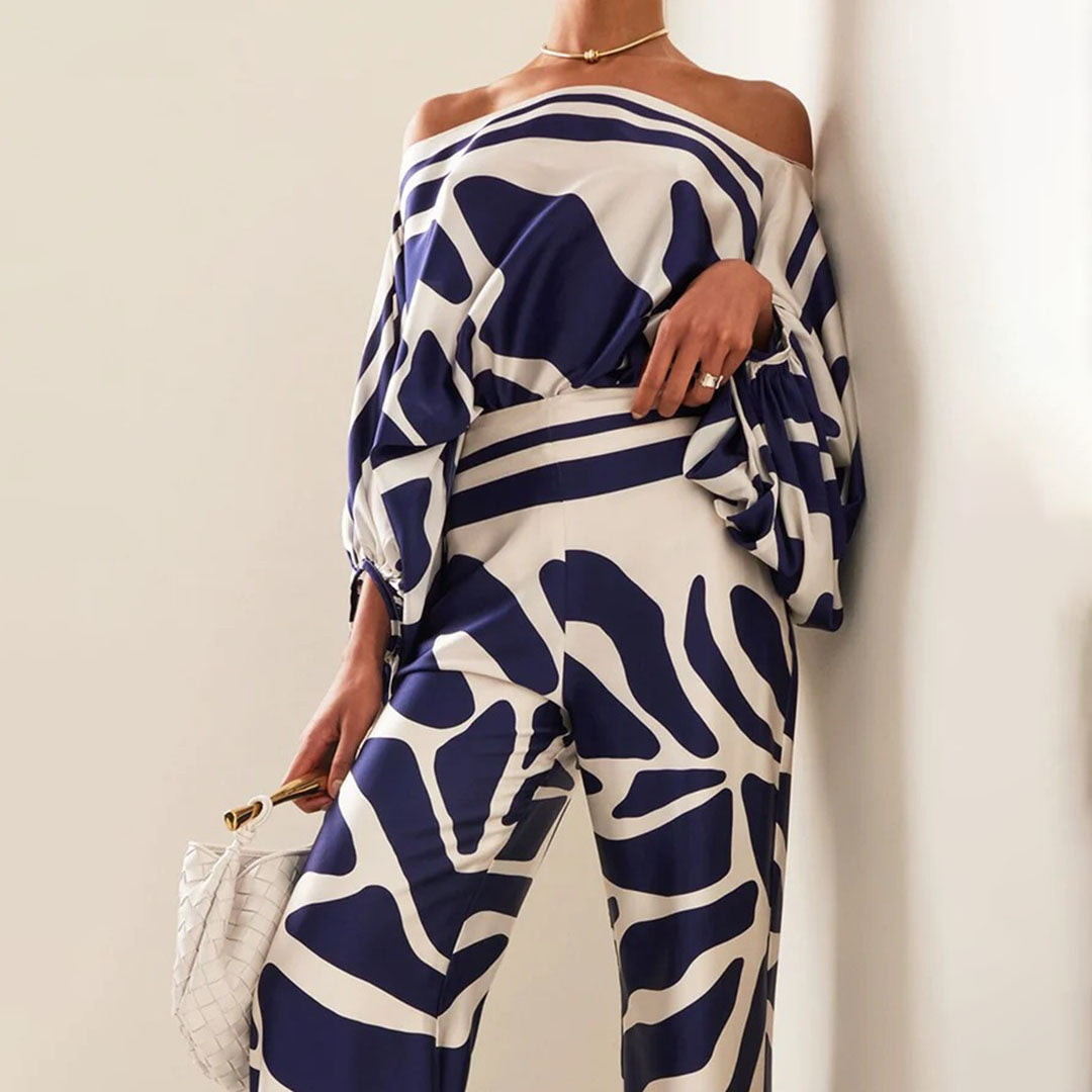 Women's Wavy Print Batwing Top and Wide Leg Set - photo 9