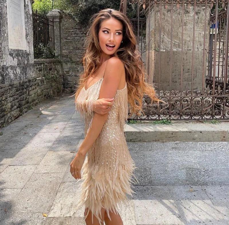 Margaret | Rochie de cocktail cu franjuri din pene, pentru femei