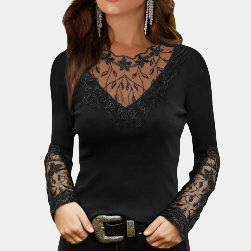 Annie - Women's Lace Yoke Top with Long Sleeves