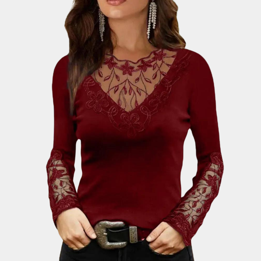 Annie - Women's Lace Yoke Top with Long Sleeves