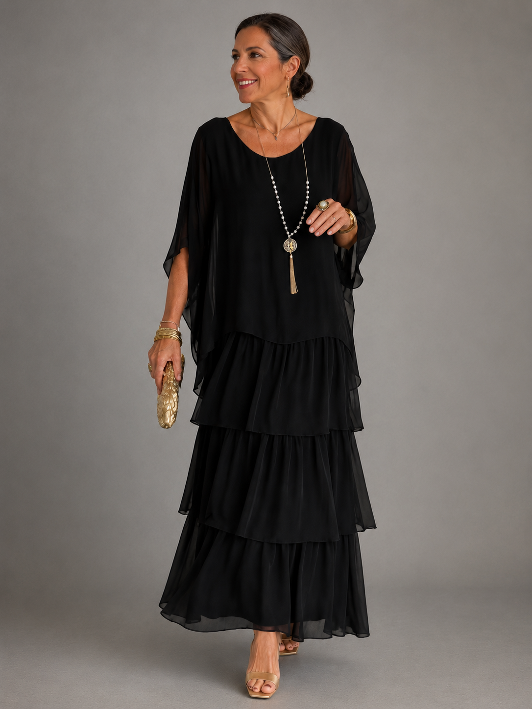 Women's Chiffon Tiered Maxi Dress with Cape Sleeves